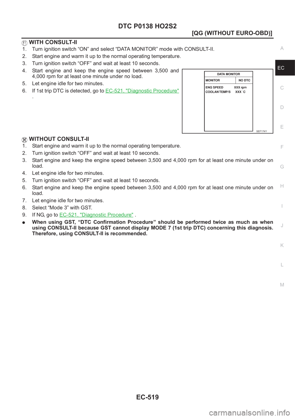 NISSAN ALMERA N16 2003  Electronic Repair Manual DTC P0138 HO2S2
EC-519
[QG (WITHOUT EURO-OBD)]
C
D
E
F
G
H
I
J
K
L
MA
EC
 WITH CONSULT-II
1. Turn ignition switch “ON” and select “DATA MONITOR” mode with CONSULT-II.
2. Start engine and warm 