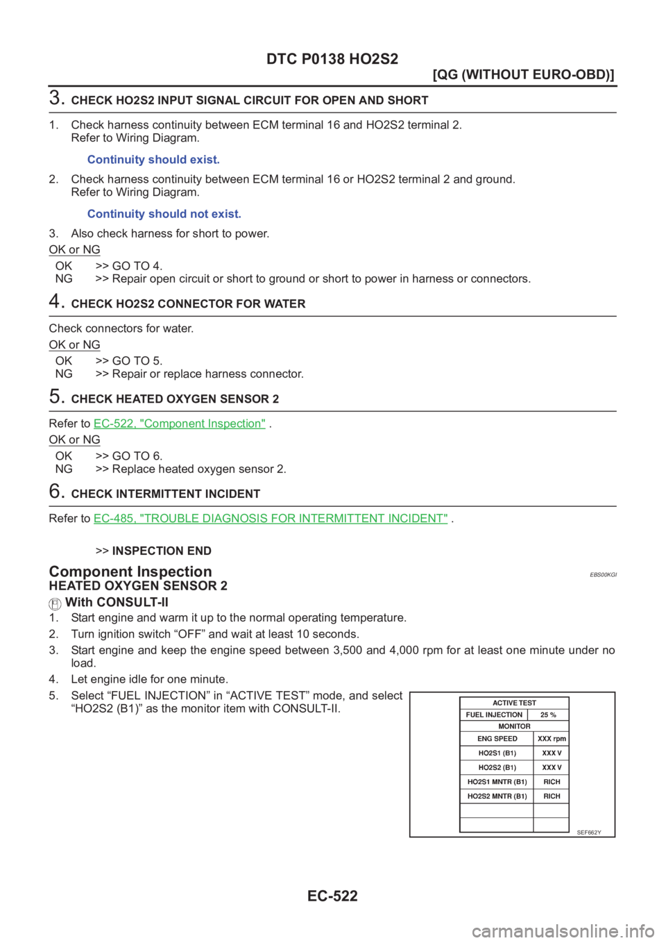 NISSAN ALMERA N16 2003  Electronic Repair Manual EC-522
[QG (WITHOUT EURO-OBD)]
DTC P0138 HO2S2
3. CHECK HO2S2 INPUT SIGNAL CIRCUIT FOR OPEN AND SHORT
1. Check harness continuity between ECM terminal 16 and HO2S2 terminal 2.
Refer to Wiring Diagram.