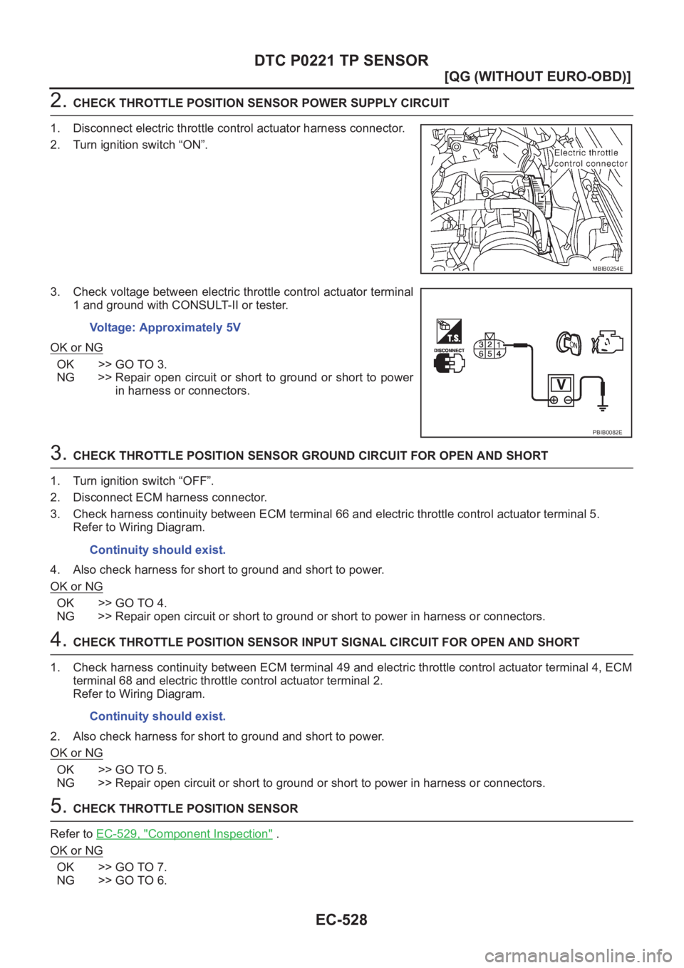 NISSAN ALMERA N16 2003  Electronic Repair Manual EC-528
[QG (WITHOUT EURO-OBD)]
DTC P0221 TP SENSOR
2. CHECK THROTTLE POSITION SENSOR POWER SUPPLY CIRCUIT
1. Disconnect electric throttle control actuator harness connector.
2. Turn ignition switch 