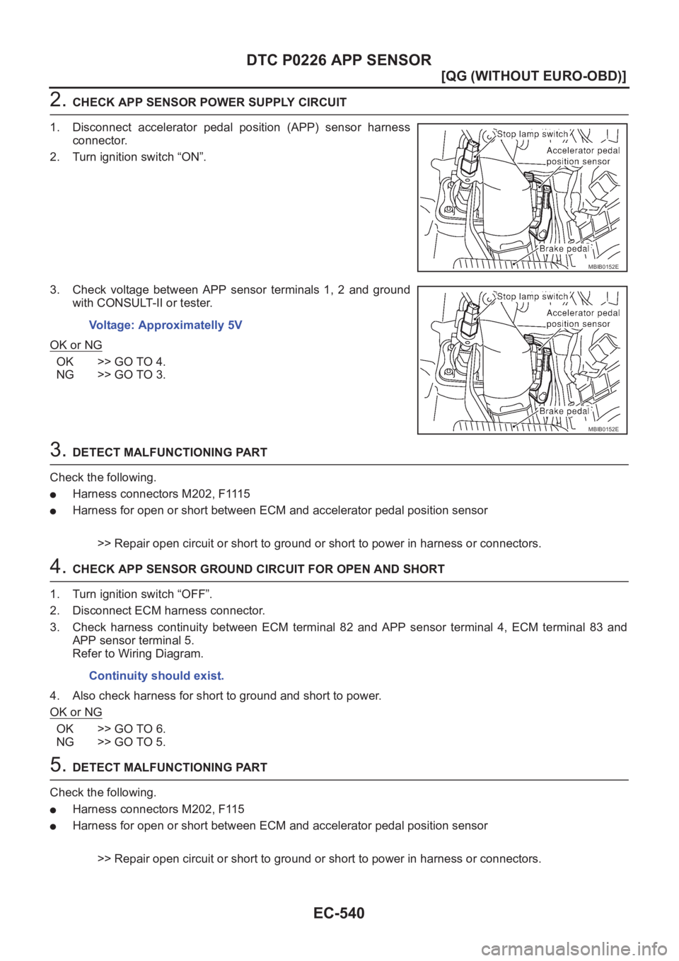 NISSAN ALMERA N16 2003  Electronic Repair Manual EC-540
[QG (WITHOUT EURO-OBD)]
DTC P0226 APP SENSOR
2. CHECK APP SENSOR POWER SUPPLY CIRCUIT
1. Disconnect  accelerator  pedal  position  (APP)  sensor  harness
connector.
2. Turn ignition switch “O