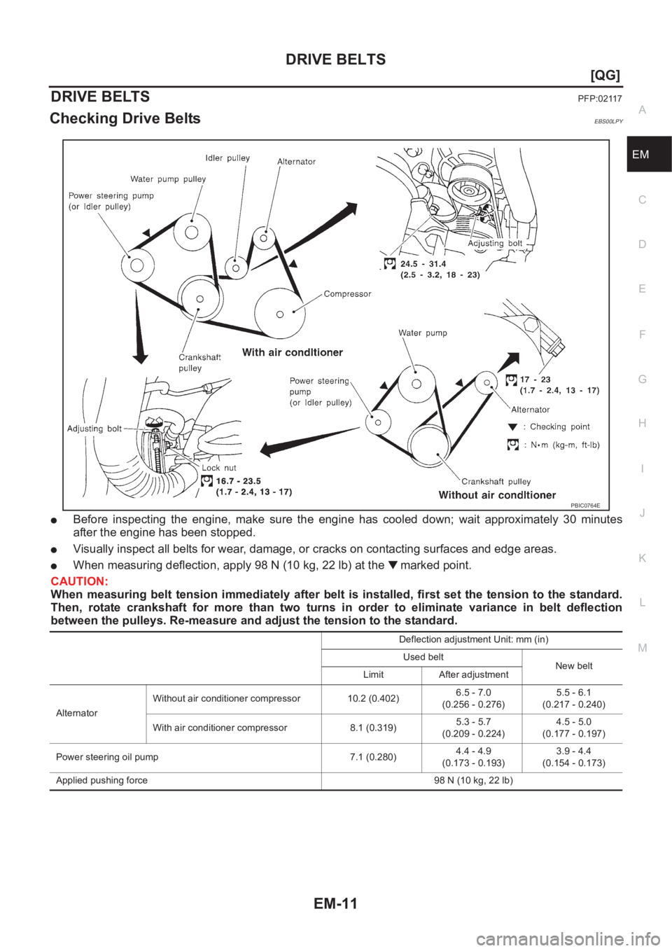 NISSAN ALMERA N16 2003  Electronic Manual Online DRIVE BELTS
EM-11
[QG]
C
D
E
F
G
H
I
J
K
L
MA
EM
DRIVE BELTSPFP:02117
Checking Drive BeltsEBS00LPY
●Before  inspecting  the  engine,  make  sure  the  engine  has  cooled  down;  wait  approximately