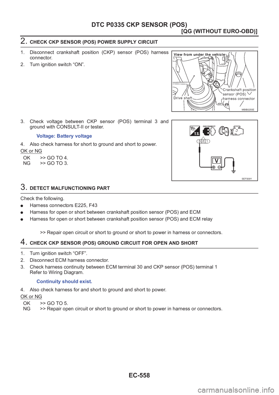 NISSAN ALMERA N16 2003  Electronic Repair Manual EC-558
[QG (WITHOUT EURO-OBD)]
DTC P0335 CKP SENSOR (POS)
2. CHECK CKP SENSOR (POS) POWER SUPPLY CIRCUIT
1. Disconnect  crankshaft  position  (CKP)  sensor  (POS)  harness
connector.
2. Turn ignition 