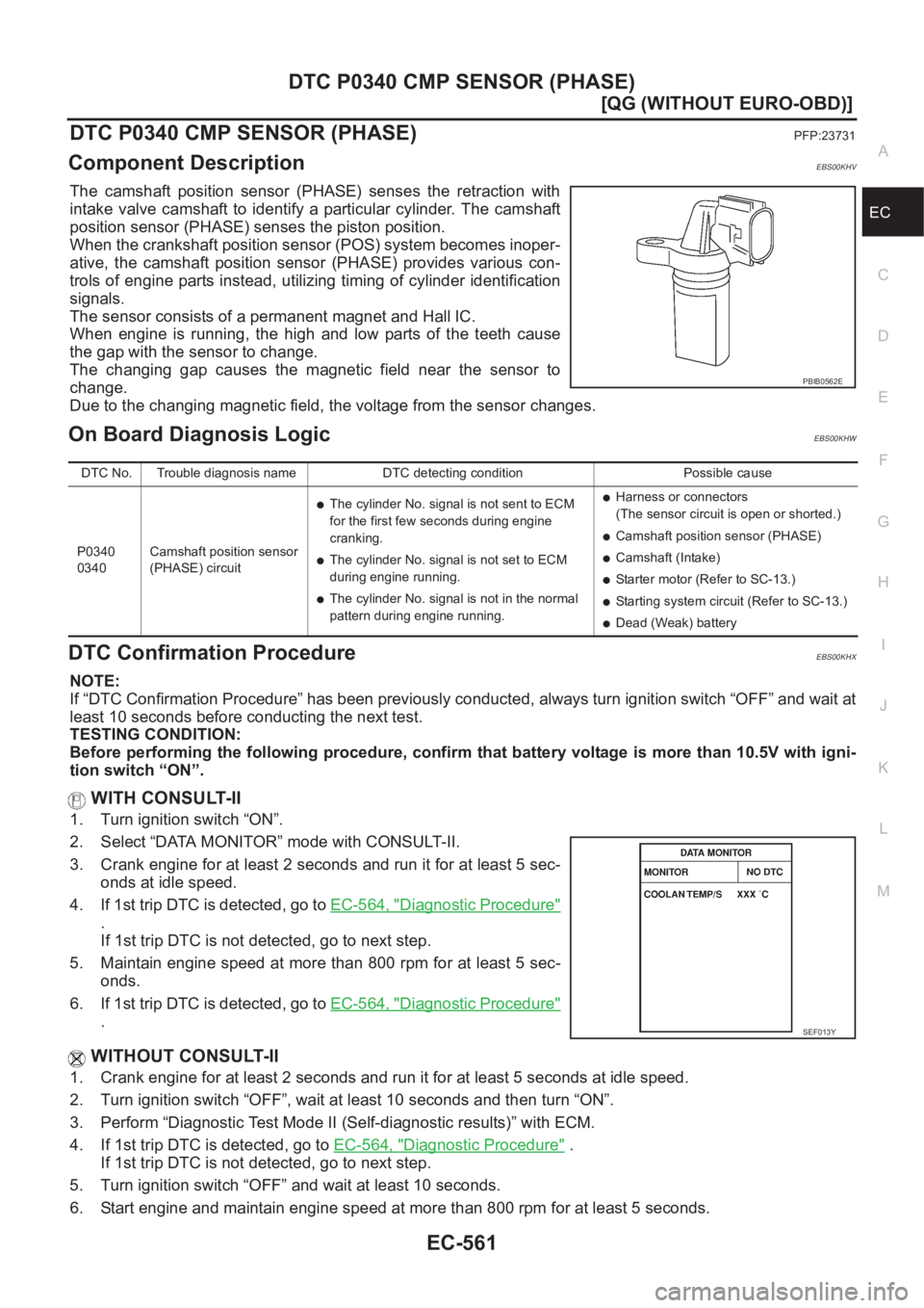 NISSAN ALMERA N16 2003  Electronic Repair Manual DTC P0340 CMP SENSOR (PHASE)
EC-561
[QG (WITHOUT EURO-OBD)]
C
D
E
F
G
H
I
J
K
L
MA
EC
DTC P0340 CMP SENSOR (PHASE)PFP:23731
Component DescriptionEBS00KHV
The  camshaft  position  sensor  (PHASE)  sens