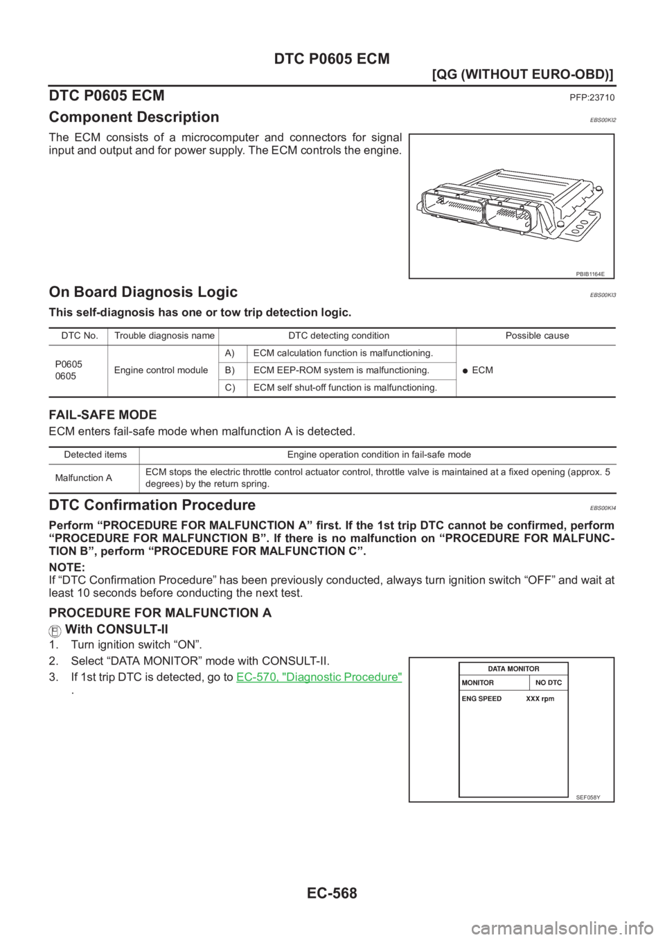 NISSAN ALMERA N16 2003  Electronic Repair Manual EC-568
[QG (WITHOUT EURO-OBD)]
DTC P0605 ECM
DTC P0605 ECM
PFP:23710
Component DescriptionEBS00KI2
The  ECM  consists  of  a  microcomputer  and  connectors  for  signal
input and output and for power