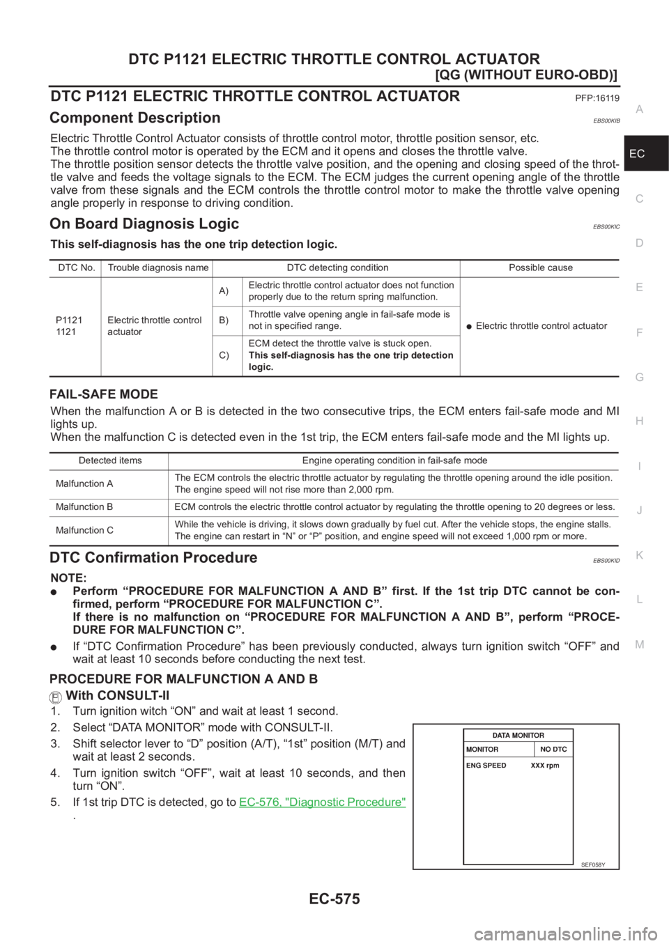NISSAN ALMERA N16 2003  Electronic Repair Manual DTC P1121 ELECTRIC THROTTLE CONTROL ACTUATOR
EC-575
[QG (WITHOUT EURO-OBD)]
C
D
E
F
G
H
I
J
K
L
MA
EC
DTC P1121 ELECTRIC THROTTLE CONTROL ACTUATORPFP:16119
Component DescriptionEBS00KIB
Electric Throt