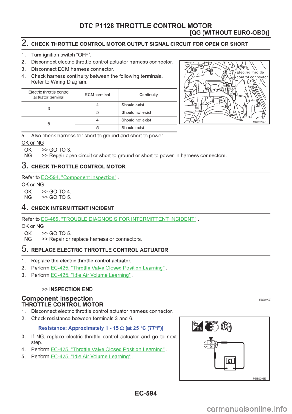 NISSAN ALMERA N16 2003  Electronic Repair Manual EC-594
[QG (WITHOUT EURO-OBD)]
DTC P1128 THROTTLE CONTROL MOTOR
2. CHECK THROTTLE CONTROL MOTOR OUTPUT SIGNAL CIRCUIT FOR OPEN OR SHORT
1. Turn ignition switch “OFF”.
2. Disconnect electric thrott