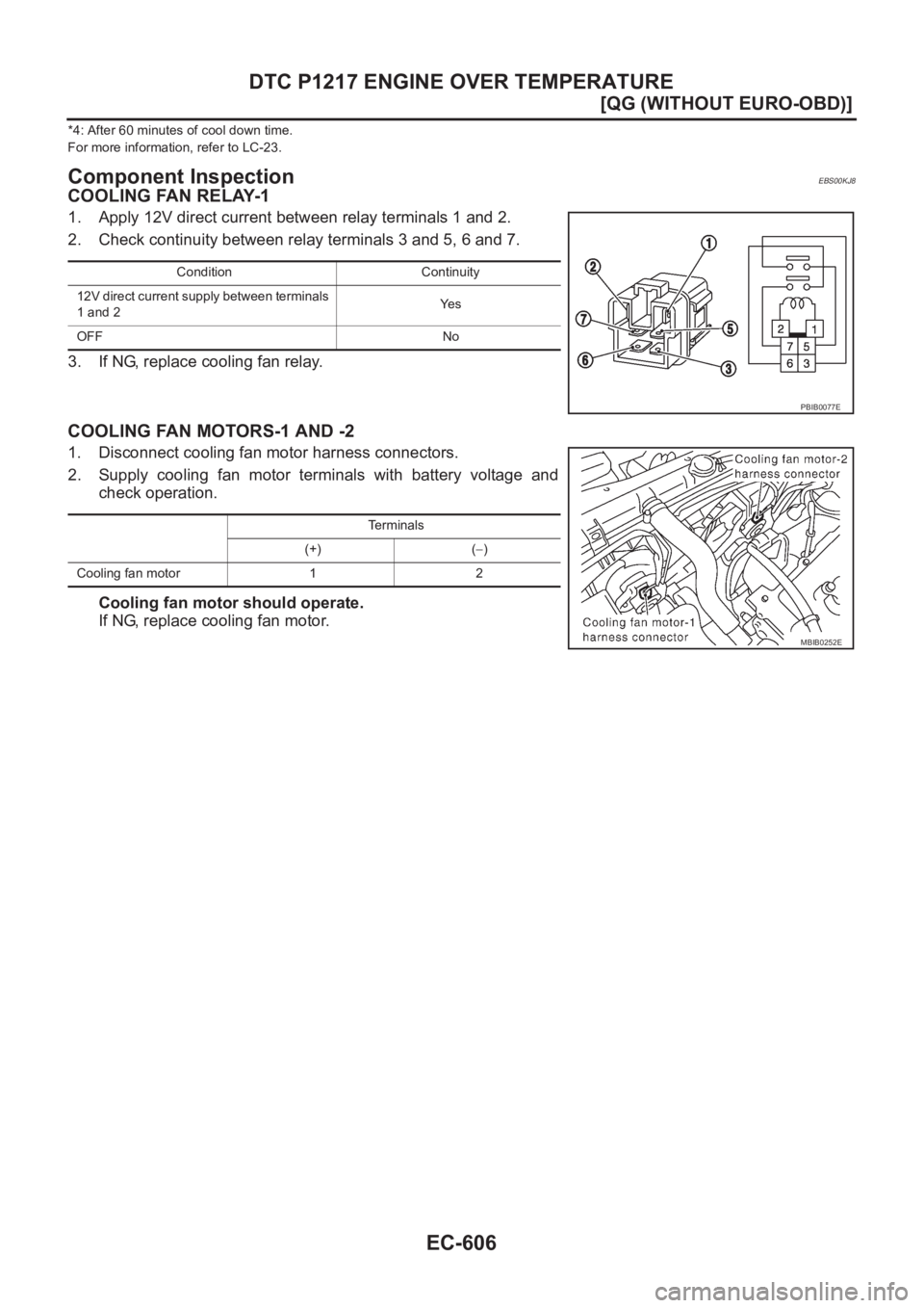 NISSAN ALMERA N16 2003  Electronic Repair Manual EC-606
[QG (WITHOUT EURO-OBD)]
DTC P1217 ENGINE OVER TEMPERATURE
*4: After 60 minutes of cool down time.
For more information, refer to LC-23.
Component InspectionEBS00KJ8
COOLING FAN RELAY-1
1. Apply