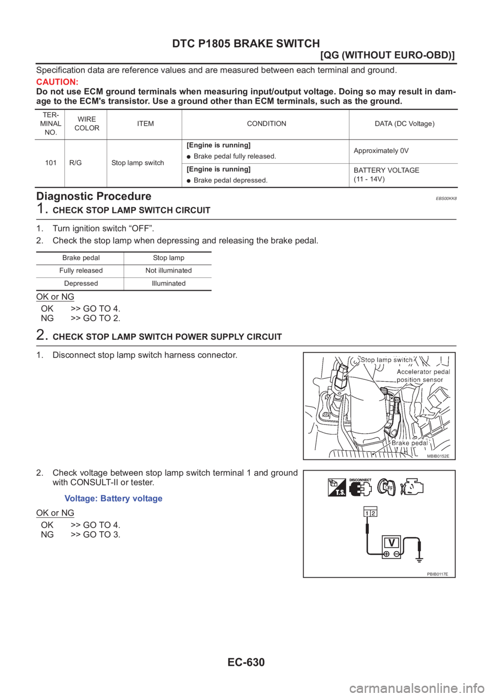 NISSAN ALMERA N16 2003  Electronic Repair Manual EC-630
[QG (WITHOUT EURO-OBD)]
DTC P1805 BRAKE SWITCH
Specification data are reference values and are measured between each terminal and ground.
CAUTION:
Do not use ECM ground terminals when measuring