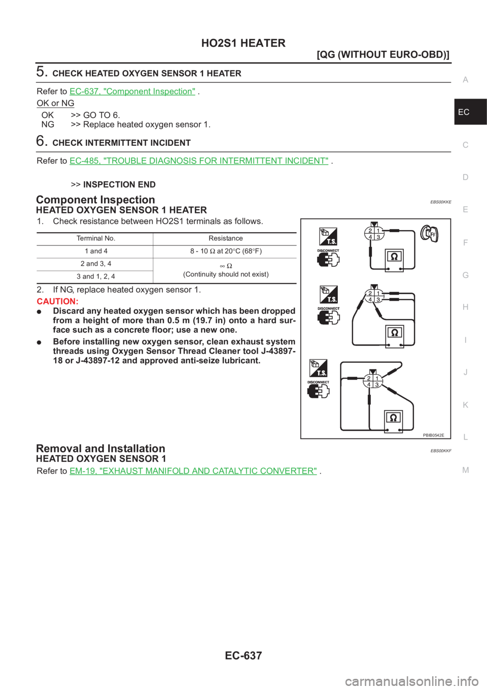 NISSAN ALMERA N16 2003  Electronic Repair Manual HO2S1 HEATER
EC-637
[QG (WITHOUT EURO-OBD)]
C
D
E
F
G
H
I
J
K
L
MA
EC
5.CHECK HEATED OXYGEN SENSOR 1 HEATER
Refer to EC-637, "
Component Inspection" .
OK or NG
OK >> GO TO 6.
NG >> Replace hea