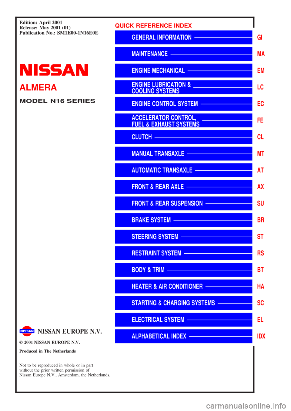 NISSAN ALMERA N16 2001  Electronic Repair Manual Edition:April 2001
Release :May 2001 (01)
Publicatio nNo. :SM 1E00-1N16E0E
GENERA LINFORMATIONGI
MAINTENANCEMA
ENGIN EMECHANICALEM
ENGIN ELUBRICATIO N&
COOLIN GSYSTEMSLC
ENGIN ECONTRO LSYSTEMEC
ACCELE