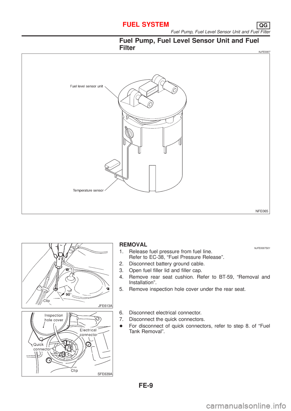 NISSAN ALMERA N16 2001  Electronic Repair Manual Fuel Pump, Fuel Level Sensor Unit and Fuel
Filter
NJFE0007
NFE065
JFE613A
REMOVALNJFE0007S011. Release fuel pressure from fuel line.
Refer to EC-38, ªFuel Pressure Releaseº.
2. Disconnect battery gr