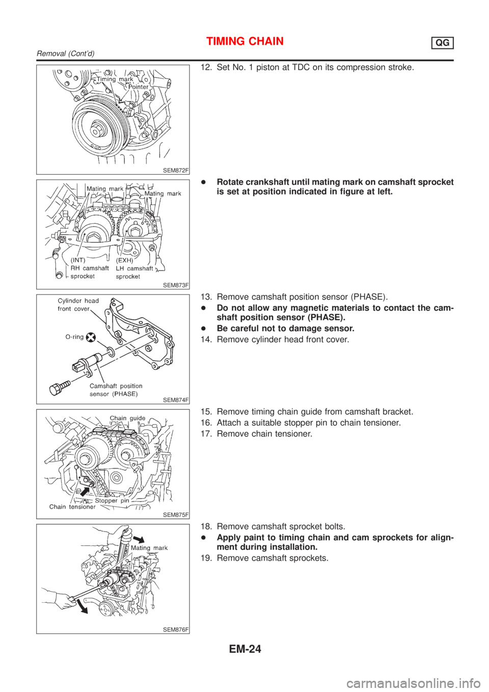 NISSAN ALMERA N16 2001  Electronic Repair Manual SEM872F
12. Set No. 1 piston at TDC on its compression stroke.
SEM873F
+Rotate crankshaft until mating mark on camshaft sprocket
is set at position indicated in figure at left.
SEM874F
13. Remove cams