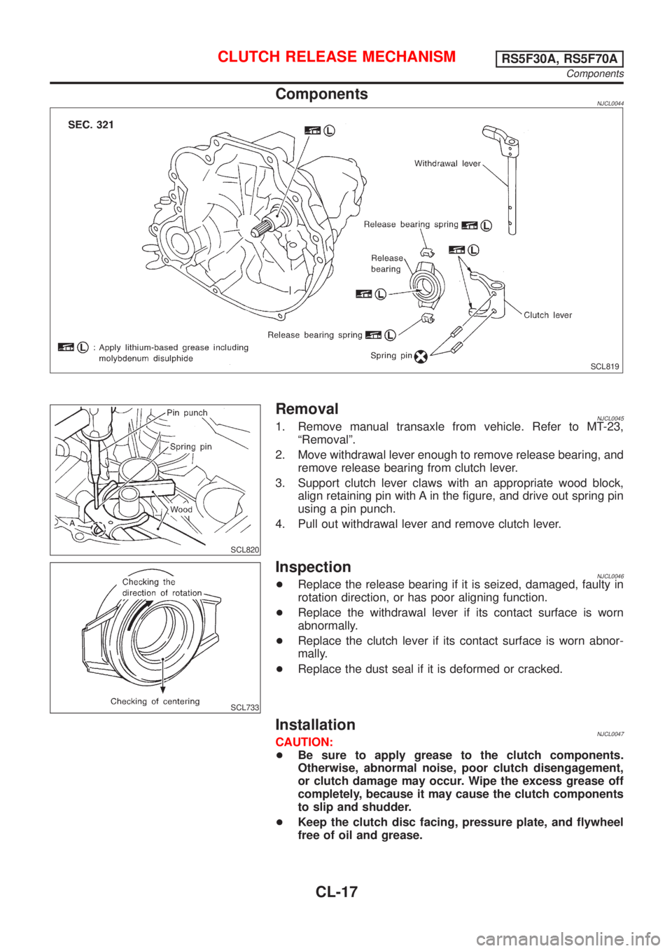 NISSAN ALMERA N16 2001  Electronic Repair Manual ComponentsNJCL0044
SCL819
SCL820
RemovalNJCL00451. Remove manual transaxle from vehicle. Refer to MT-23,
ªRemovalº.
2. Move withdrawal lever enough to remove release bearing, and
remove release bear