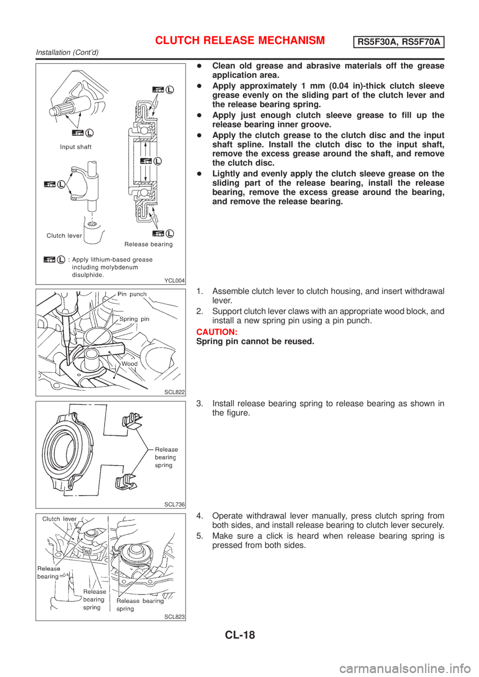 NISSAN ALMERA N16 2001  Electronic Repair Manual YCL004
+Clean old grease and abrasive materials off the grease
application area.
+Apply approximately 1 mm (0.04 in)-thick clutch sleeve
grease evenly on the sliding part of the clutch lever and
the r