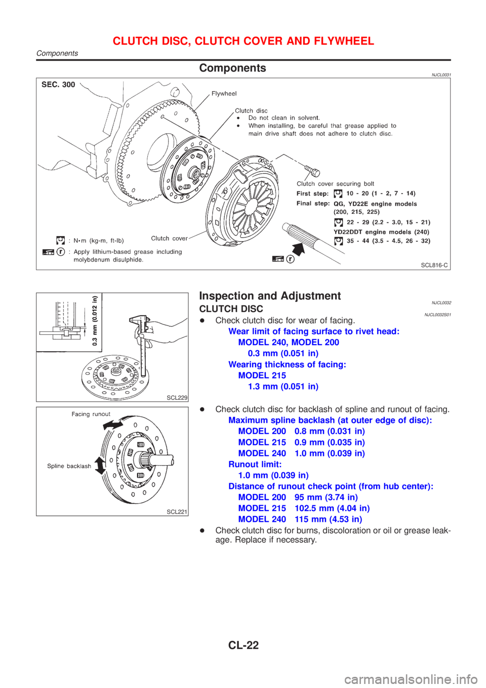 NISSAN ALMERA N16 2001  Electronic Repair Manual ComponentsNJCL0031
SCL816-C
SCL229
Inspection and AdjustmentNJCL0032CLUTCH DISCNJCL0032S01+Check clutch disc for wear of facing.
Wear limit of facing surface to rivet head:
MODEL 240, MODEL 200
0.3 mm