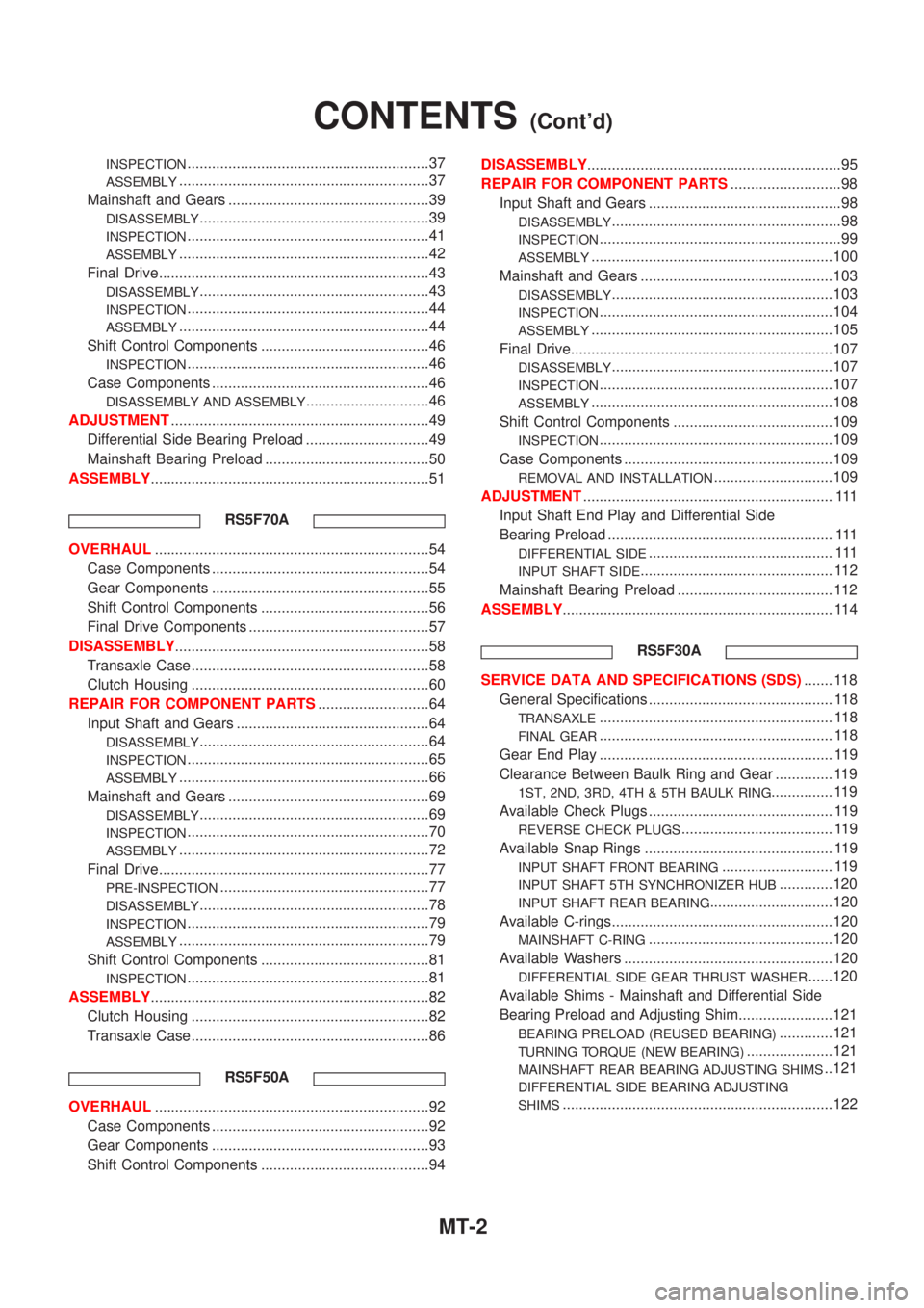 NISSAN ALMERA N16 2001  Electronic Repair Manual INSPECTION...........................................................37
ASSEMBLY.............................................................37
Mainshaft and Gears ....................................