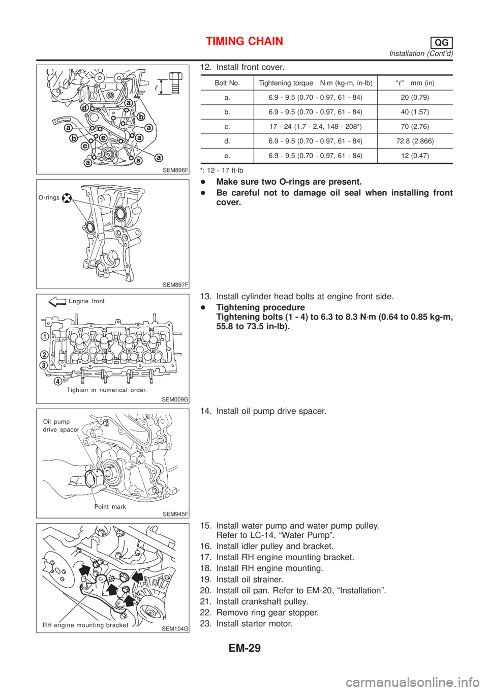 NISSAN ALMERA N16 2001 Electronic Repair Manual SEM896F
12. Install front cover.
Bolt No. Tightening torque N´m (kg-m, in-lb) ª!º mm (in)
a. 6.9 - 9.5 (0.70 - 0.97, 61 - 84) 20 (0.79)
b. 6.9 - 9.5 (0.70 - 0.97, 61 - 84) 40 (1.57)
c. 17 - 24 (1.7 NISSAN ALMERA N16 2001 Electronic Repair Manual SEM896F
12. Install front cover.
Bolt No. Tightening torque N´m (kg-m, in-lb) ª!º mm (in)
a. 6.9 - 9.5 (0.70 - 0.97, 61 - 84) 20 (0.79)
b. 6.9 - 9.5 (0.70 - 0.97, 61 - 84) 40 (1.57)
c. 17 - 24 (1.7