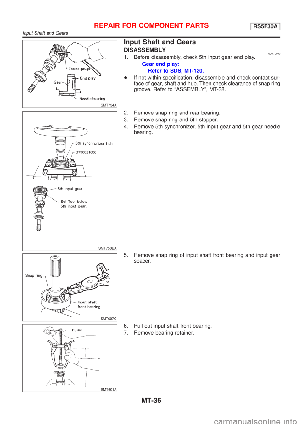NISSAN ALMERA N16 2001  Electronic Repair Manual SMT734A
Input Shaft and Gears
DISASSEMBLYNJMT00421. Before disassembly, check 5th input gear end play.
Gear end play:
Refer to SDS, MT-120.
+If not within specification, disassemble and check contact 