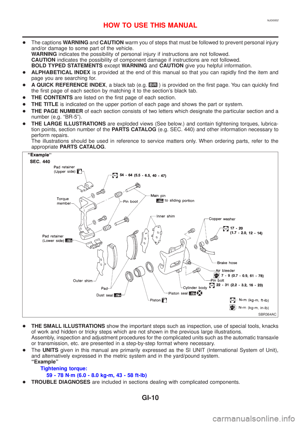 NISSAN ALMERA N16 2001 Electronic User Guide NJGI0002
+The captionsWARNINGandCAUTIONwarm you of steps that must be followed to prevent personal injury
and/or damage to some part of the vehicle.
WARNINGindicates the possibility of personal injury NISSAN ALMERA N16 2001 Electronic User Guide NJGI0002
+The captionsWARNINGandCAUTIONwarm you of steps that must be followed to prevent personal injury
and/or damage to some part of the vehicle.
WARNINGindicates the possibility of personal injury