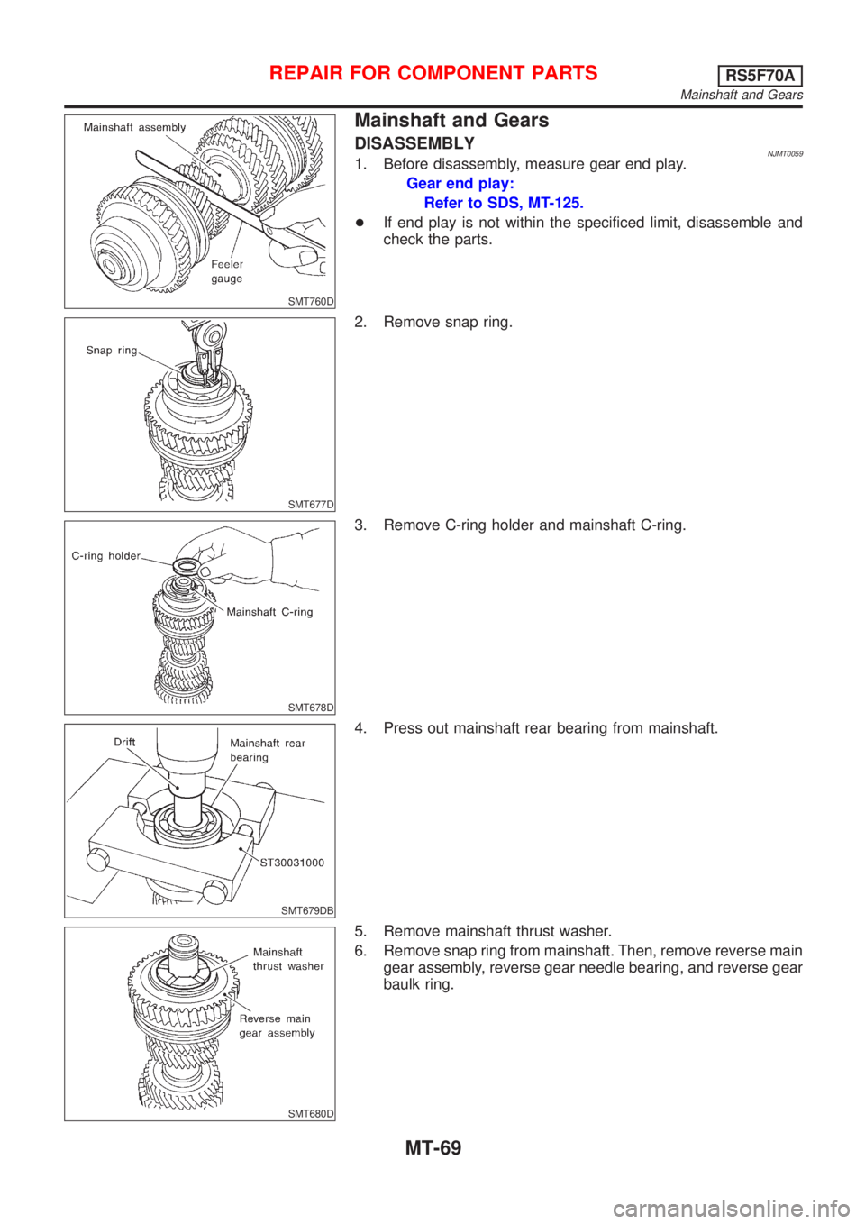 NISSAN ALMERA N16 2001 Electronic Repair Manual SMT760D
Mainshaft and Gears
DISASSEMBLYNJMT00591. Before disassembly, measure gear end play.
Gear end play:
Refer to SDS, MT-125.
+If end play is not within the specificed limit, disassemble and
check NISSAN ALMERA N16 2001 Electronic Repair Manual SMT760D
Mainshaft and Gears
DISASSEMBLYNJMT00591. Before disassembly, measure gear end play.
Gear end play:
Refer to SDS, MT-125.
+If end play is not within the specificed limit, disassemble and
check