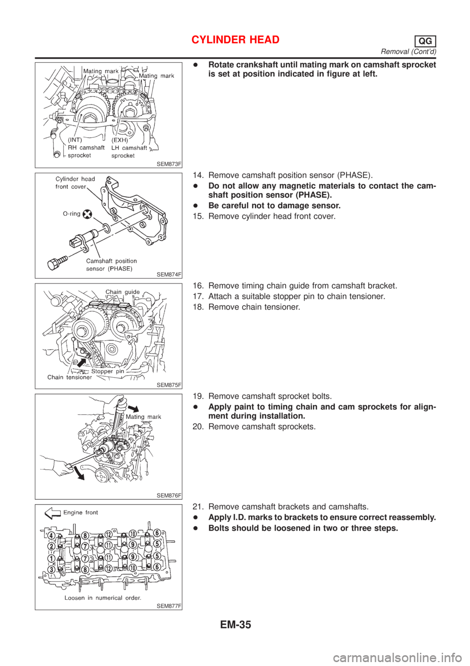 NISSAN ALMERA N16 2001 Electronic Repair Manual SEM873F
+Rotate crankshaft until mating mark on camshaft sprocket
is set at position indicated in figure at left.
SEM874F
14. Remove camshaft position sensor (PHASE).
+Do not allow any magnetic materi NISSAN ALMERA N16 2001 Electronic Repair Manual SEM873F
+Rotate crankshaft until mating mark on camshaft sprocket
is set at position indicated in figure at left.
SEM874F
14. Remove camshaft position sensor (PHASE).
+Do not allow any magnetic materi