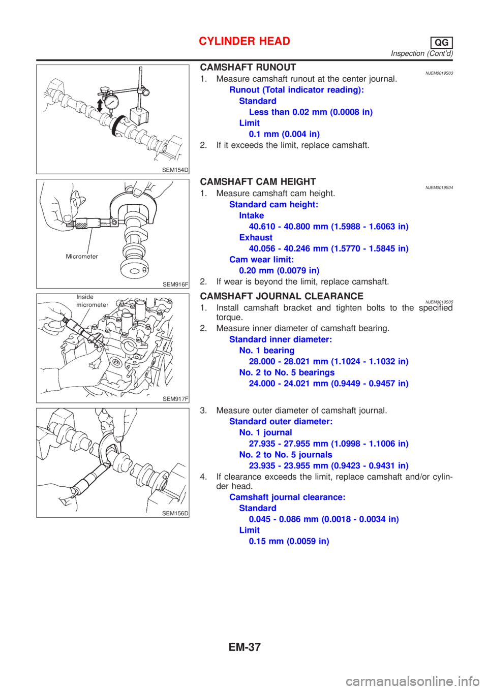 NISSAN ALMERA N16 2001 Electronic Repair Manual SEM154D
CAMSHAFT RUNOUTNJEM0019S031. Measure camshaft runout at the center journal.
Runout (Total indicator reading):
Standard
Less than 0.02 mm (0.0008 in)
Limit
0.1 mm (0.004 in)
2. If it exceeds th NISSAN ALMERA N16 2001 Electronic Repair Manual SEM154D
CAMSHAFT RUNOUTNJEM0019S031. Measure camshaft runout at the center journal.
Runout (Total indicator reading):
Standard
Less than 0.02 mm (0.0008 in)
Limit
0.1 mm (0.004 in)
2. If it exceeds th