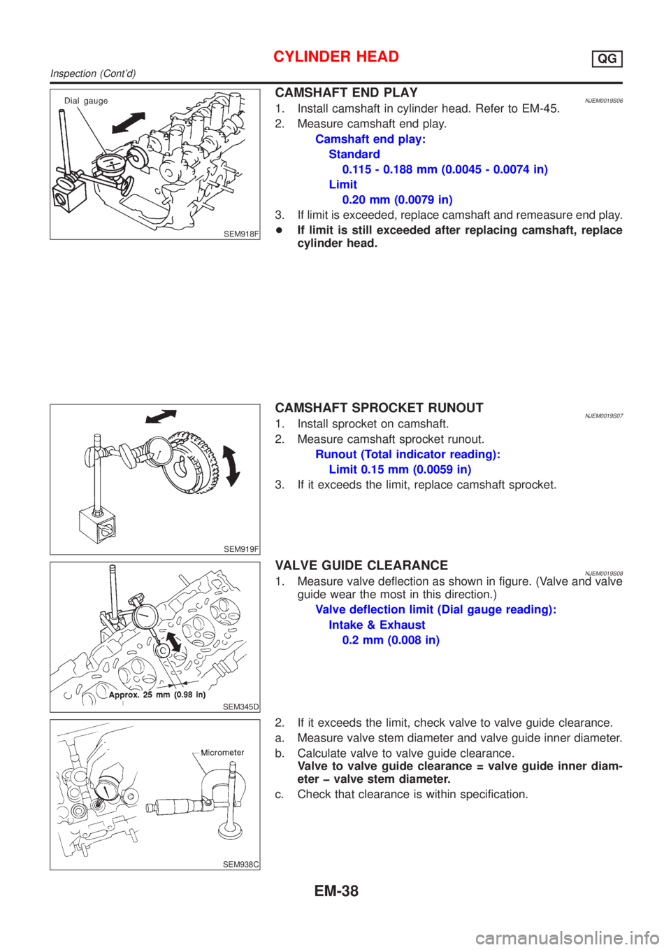 NISSAN ALMERA N16 2001 Electronic Repair Manual SEM918F
CAMSHAFT END PLAYNJEM0019S061. Install camshaft in cylinder head. Refer to EM-45.
2. Measure camshaft end play.
Camshaft end play:
Standard
0.115 - 0.188 mm (0.0045 - 0.0074 in)
Limit
0.20 mm NISSAN ALMERA N16 2001 Electronic Repair Manual SEM918F
CAMSHAFT END PLAYNJEM0019S061. Install camshaft in cylinder head. Refer to EM-45.
2. Measure camshaft end play.
Camshaft end play:
Standard
0.115 - 0.188 mm (0.0045 - 0.0074 in)
Limit
0.20 mm