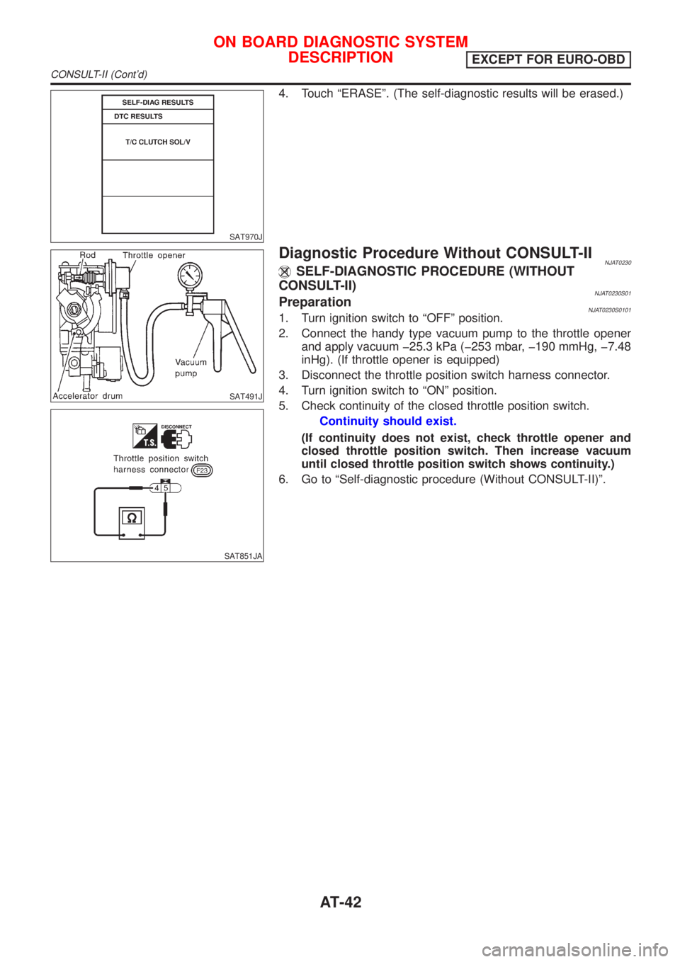 NISSAN ALMERA N16 2001 Electronic Repair Manual SAT970J
4. Touch ªERASEº. (The self-diagnostic results will be erased.)
SAT491J
SAT851JA
Diagnostic Procedure Without CONSULT-IINJAT0230SELF-DIAGNOSTIC PROCEDURE (WITHOUT
CONSULT-II)
NJAT0230S01Prep NISSAN ALMERA N16 2001 Electronic Repair Manual SAT970J
4. Touch ªERASEº. (The self-diagnostic results will be erased.)
SAT491J
SAT851JA
Diagnostic Procedure Without CONSULT-IINJAT0230SELF-DIAGNOSTIC PROCEDURE (WITHOUT
CONSULT-II)
NJAT0230S01Prep