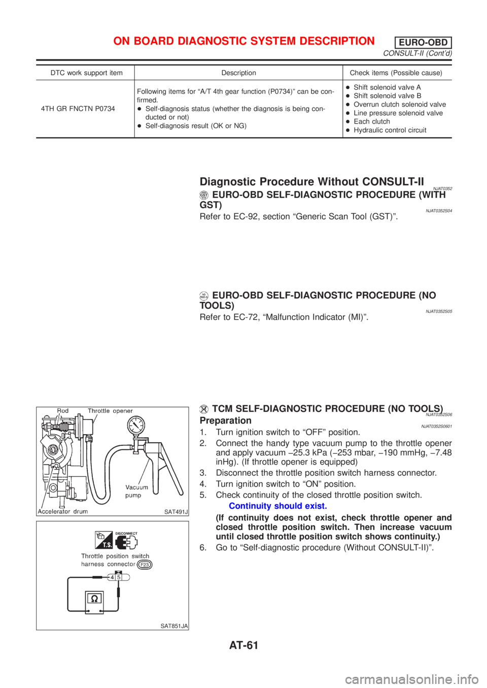 NISSAN ALMERA N16 2001 Electronic Repair Manual DTC work support item Description Check items (Possible cause)
4TH GR FNCTN P0734Following items for ªA/T 4th gear function (P0734)º can be con-
firmed.
+Self-diagnosis status (whether the diagnosis NISSAN ALMERA N16 2001 Electronic Repair Manual DTC work support item Description Check items (Possible cause)
4TH GR FNCTN P0734Following items for ªA/T 4th gear function (P0734)º can be con-
firmed.
+Self-diagnosis status (whether the diagnosis
