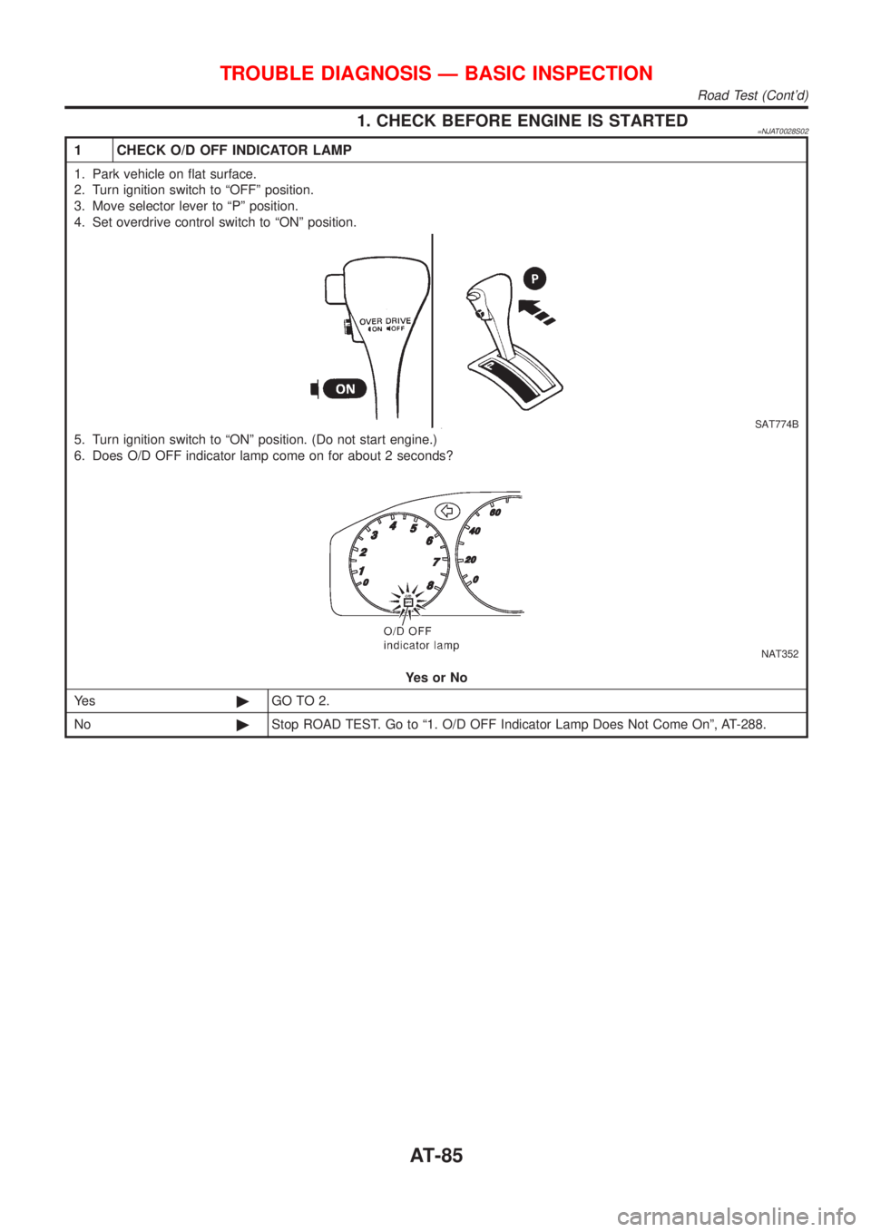NISSAN ALMERA N16 2001  Electronic Repair Manual 1. CHECK BEFORE ENGINE IS STARTED=NJAT0028S02
1 CHECK O/D OFF INDICATOR LAMP
1. Park vehicle on flat surface.
2. Turn ignition switch to ªOFFº position.
3. Move selector lever to ªPº position.
4. 