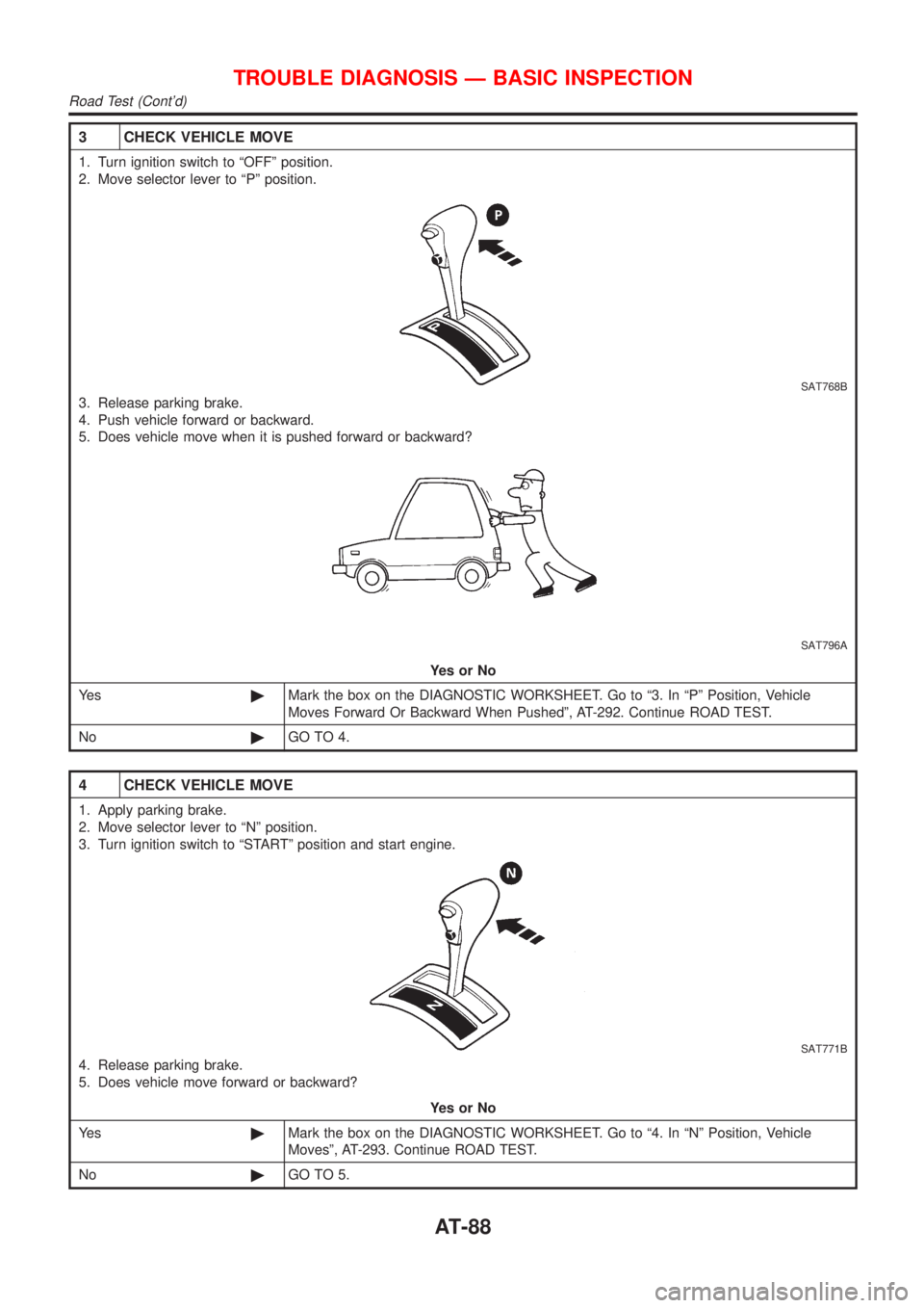 NISSAN ALMERA N16 2001  Electronic Repair Manual 3 CHECK VEHICLE MOVE
1. Turn ignition switch to ªOFFº position.
2. Move selector lever to ªPº position.
SAT768B
3. Release parking brake.
4. Push vehicle forward or backward.
5. Does vehicle move 