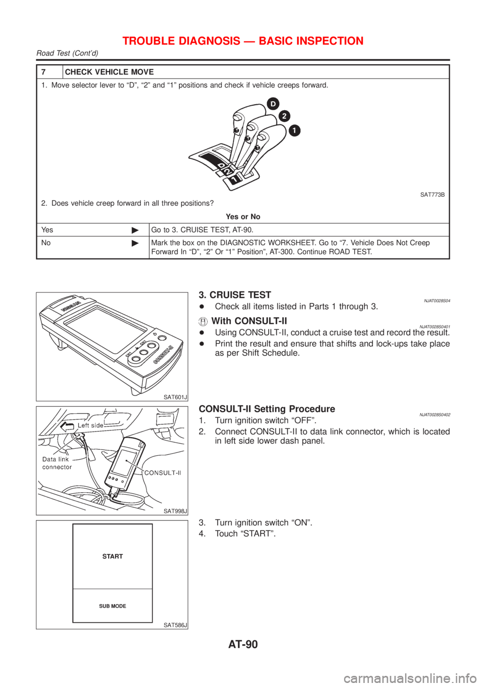 NISSAN ALMERA N16 2001  Electronic Repair Manual 7 CHECK VEHICLE MOVE
1. Move selector lever to ªDº, ª2º and ª1º positions and check if vehicle creeps forward.
SAT773B
2. Does vehicle creep forward in all three positions?
YesorNo
Ye s©Go to 3