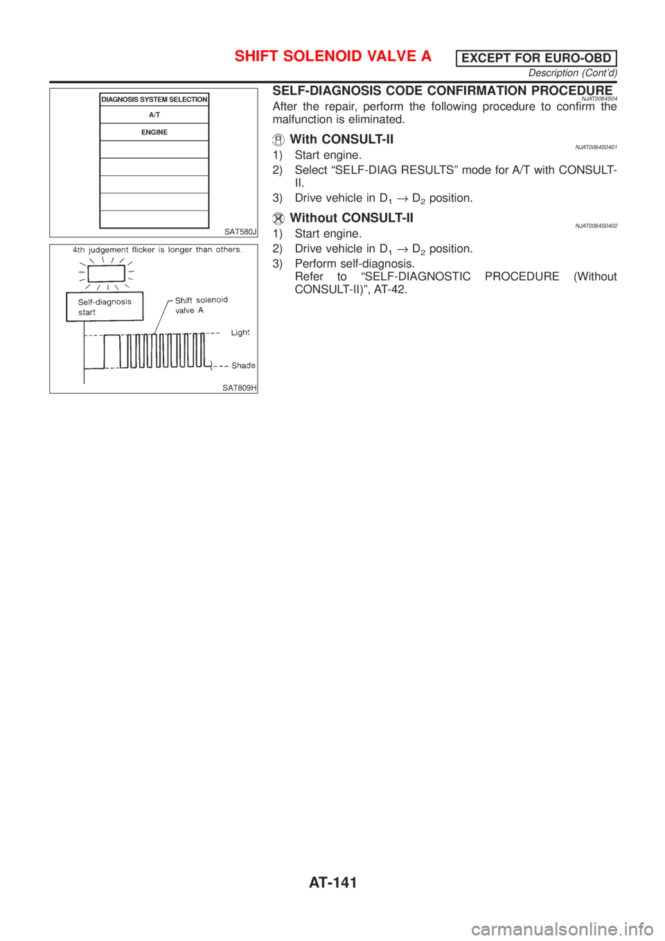 NISSAN ALMERA N16 2001  Electronic Repair Manual SAT580J
SAT809H
SELF-DIAGNOSIS CODE CONFIRMATION PROCEDURENJAT0064S04After the repair, perform the following procedure to confirm the
malfunction is eliminated.
With CONSULT-IINJAT0064S04011) Start en