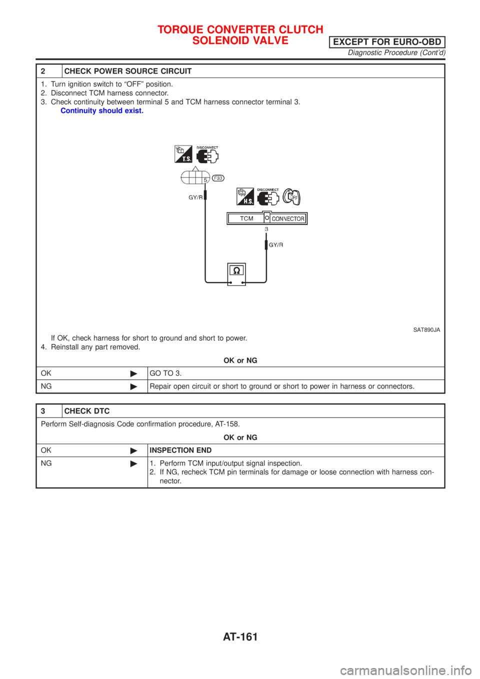 NISSAN ALMERA N16 2001 Electronic Repair Manual 2 CHECK POWER SOURCE CIRCUIT
1. Turn ignition switch to ªOFFº position.
2. Disconnect TCM harness connector.
3. Check continuity between terminal 5 and TCM harness connector terminal 3.
Continuity s NISSAN ALMERA N16 2001 Electronic Repair Manual 2 CHECK POWER SOURCE CIRCUIT
1. Turn ignition switch to ªOFFº position.
2. Disconnect TCM harness connector.
3. Check continuity between terminal 5 and TCM harness connector terminal 3.
Continuity s