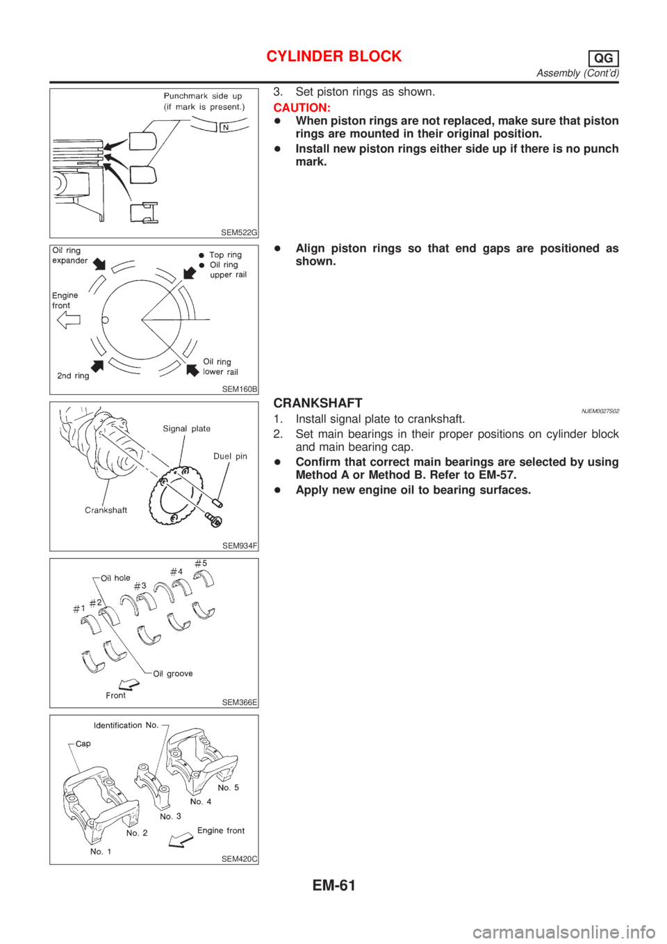 NISSAN ALMERA N16 2001 Electronic Repair Manual SEM522G
3. Set piston rings as shown.
CAUTION:
+When piston rings are not replaced, make sure that piston
rings are mounted in their original position.
+Install new piston rings either side up if ther NISSAN ALMERA N16 2001 Electronic Repair Manual SEM522G
3. Set piston rings as shown.
CAUTION:
+When piston rings are not replaced, make sure that piston
rings are mounted in their original position.
+Install new piston rings either side up if ther