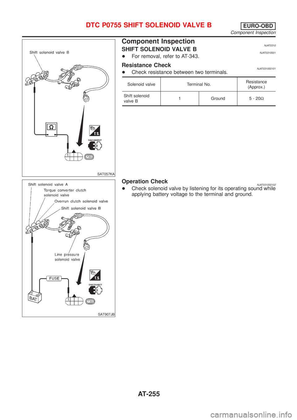 NISSAN ALMERA N16 2001  Electronic Repair Manual SAT057KA
Component InspectionNJAT0310SHIFT SOLENOID VALVE BNJAT0310S01+For removal, refer to AT-343.
Resistance CheckNJAT0310S0101+Check resistance between two terminals.
Solenoid valve Terminal No.Re