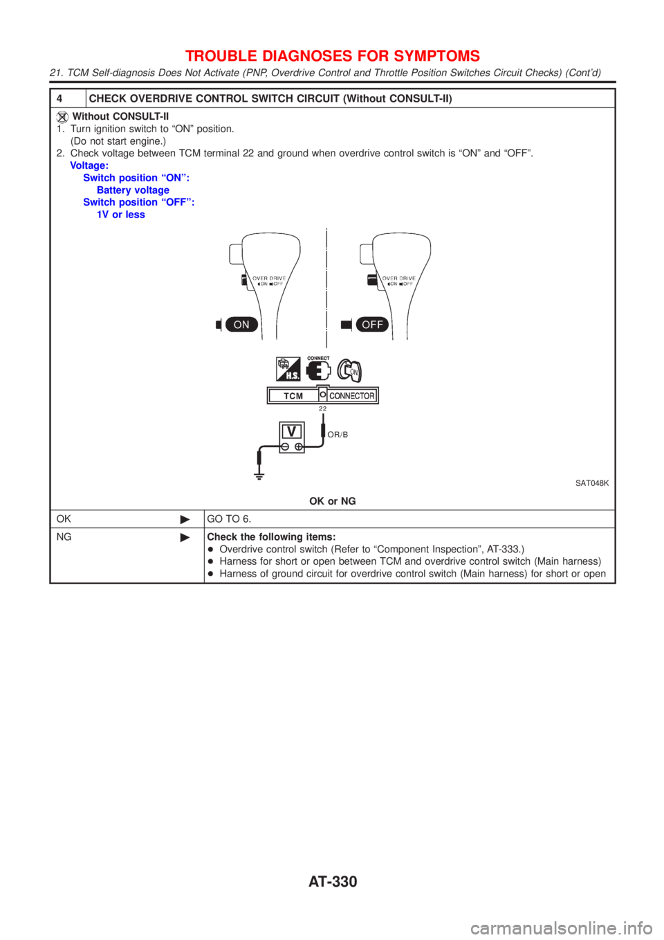 NISSAN ALMERA N16 2001  Electronic Repair Manual 4 CHECK OVERDRIVE CONTROL SWITCH CIRCUIT (Without CONSULT-II)
Without CONSULT-II
1. Turn ignition switch to ªONº position.
(Do not start engine.)
2. Check voltage between TCM terminal 22 and ground 