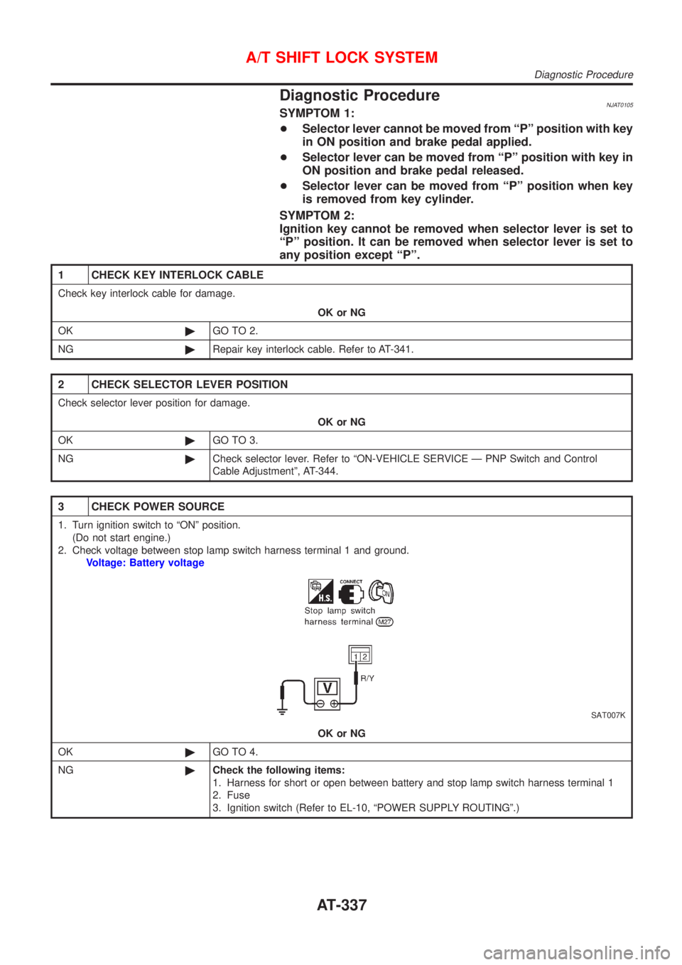 NISSAN ALMERA N16 2001  Electronic Repair Manual Diagnostic ProcedureNJAT0105SYMPTOM 1:
+Selector lever cannot be moved from ªPº position with key
in ON position and brake pedal applied.
+Selector lever can be moved from ªPº position with key in