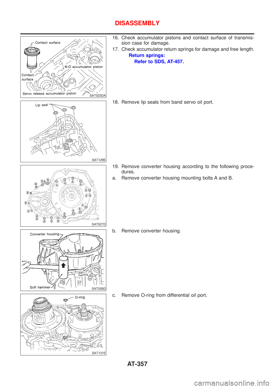 NISSAN ALMERA N16 2001  Electronic Repair Manual SAT023DA
16. Check accumulator pistons and contact surface of transmis-
sion case for damage.
17. Check accumulator return springs for damage and free length.
Return springs:
Refer to SDS, AT-457.
SAT