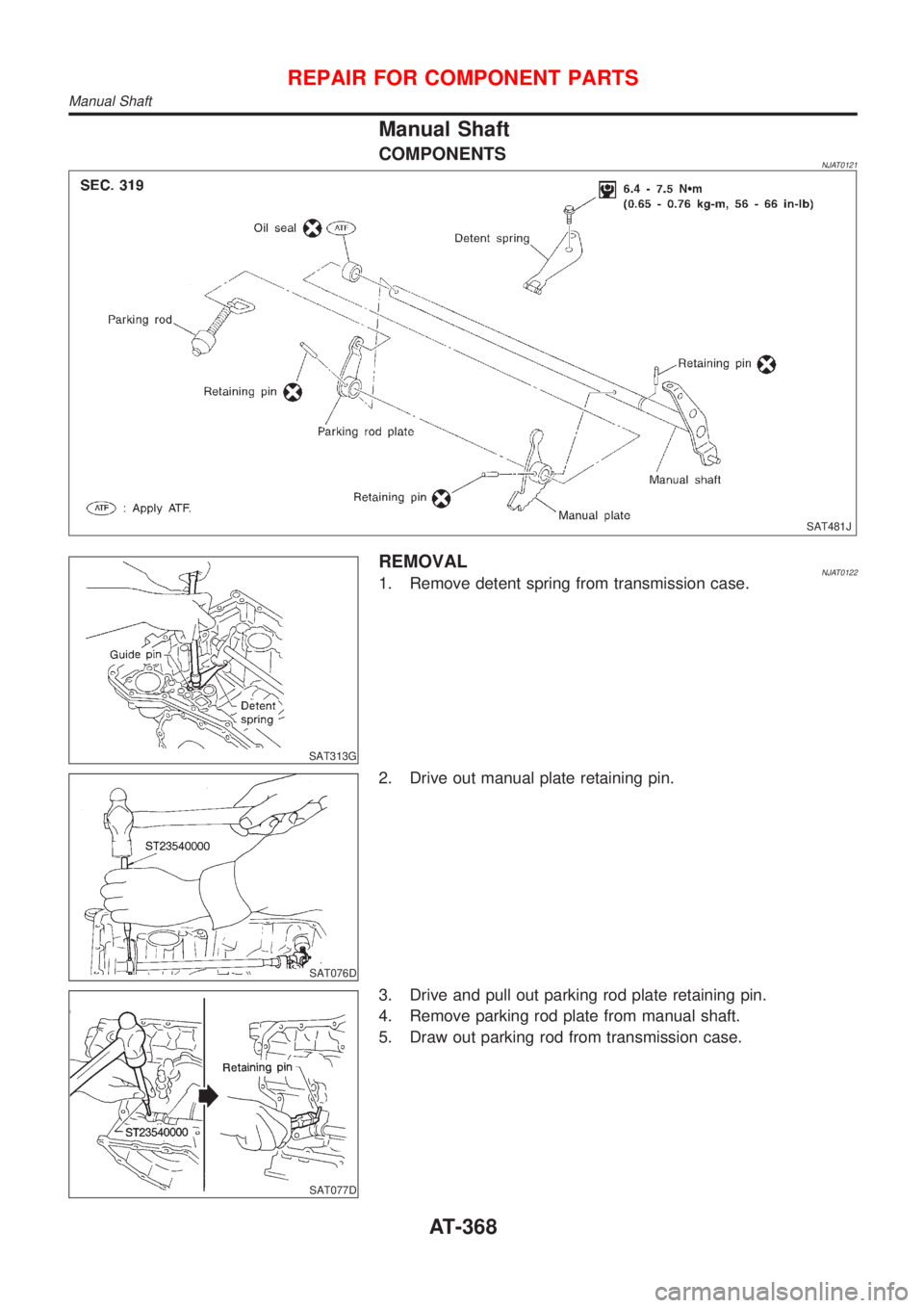 NISSAN ALMERA N16 2001  Electronic Repair Manual Manual Shaft
COMPONENTSNJAT0121
SAT481J
SAT313G
REMOVALNJAT01221. Remove detent spring from transmission case.
SAT076D
2. Drive out manual plate retaining pin.
SAT077D
3. Drive and pull out parking ro