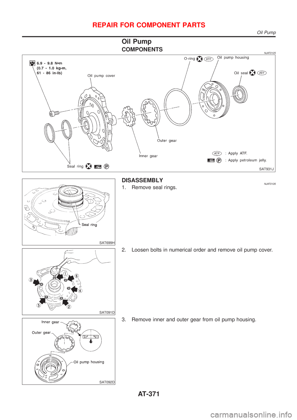 NISSAN ALMERA N16 2001  Electronic Repair Manual Oil Pump
COMPONENTSNJAT0125
SAT931J
SAT699H
DISASSEMBLYNJAT01261. Remove seal rings.
SAT091D
2. Loosen bolts in numerical order and remove oil pump cover.
SAT092D
3. Remove inner and outer gear from o
