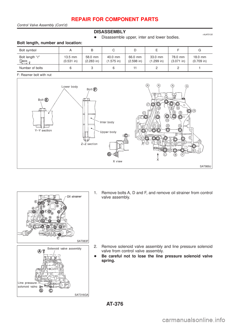 NISSAN ALMERA N16 2001  Electronic Repair Manual DISASSEMBLY=NJAT0130+Disassemble upper, inter and lower bodies.
Bolt length, number and location:
Bolt symbol A B C D E F G
Bolt length ª!º
13.5 mm
(0.531 in)58.0 mm
(2.283 in)40.0 mm
(1.575 in)66.0
