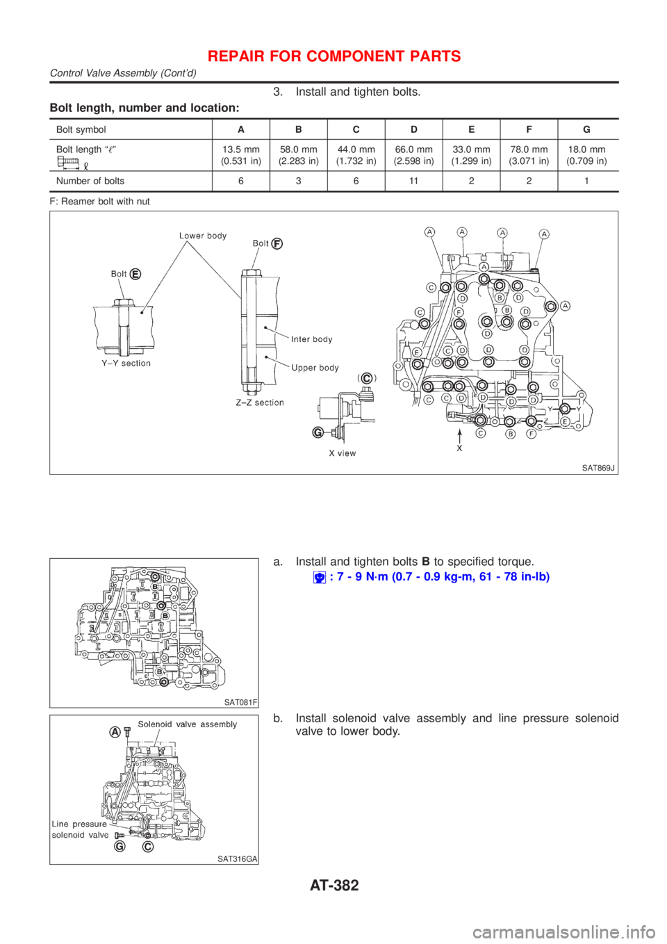 NISSAN ALMERA N16 2001  Electronic Repair Manual 3. Install and tighten bolts.
Bolt length, number and location:
Bolt symbolABCDE FG
Bolt length ª!º
13.5 mm
(0.531 in)58.0 mm
(2.283 in)44.0 mm
(1.732 in)66.0 mm
(2.598 in)33.0 mm
(1.299 in)78.0 mm
