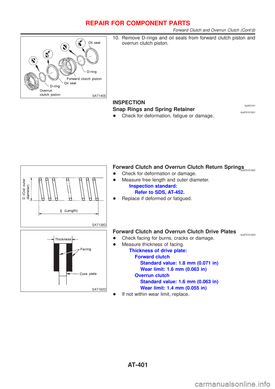 NISSAN ALMERA N16 2001  Electronic Repair Manual SAT140E
10. Remove D-rings and oil seals from forward clutch piston and
overrun clutch piston.
INSPECTIONNJAT0151Snap Rings and Spring RetainerNJAT0151S01+Check for deformation, fatigue or damage.
SAT