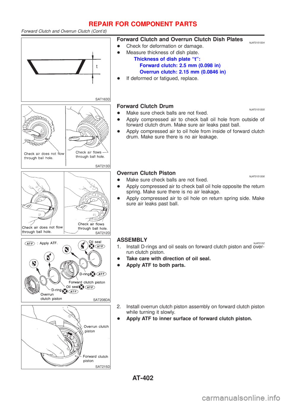 NISSAN ALMERA N16 2001  Electronic Repair Manual SAT163D
Forward Clutch and Overrun Clutch Dish PlatesNJAT0151S04+Check for deformation or damage.
+Measure thickness of dish plate.
Thickness of dish plate ªtº:
Forward clutch: 2.5 mm (0.098 in)
Ove