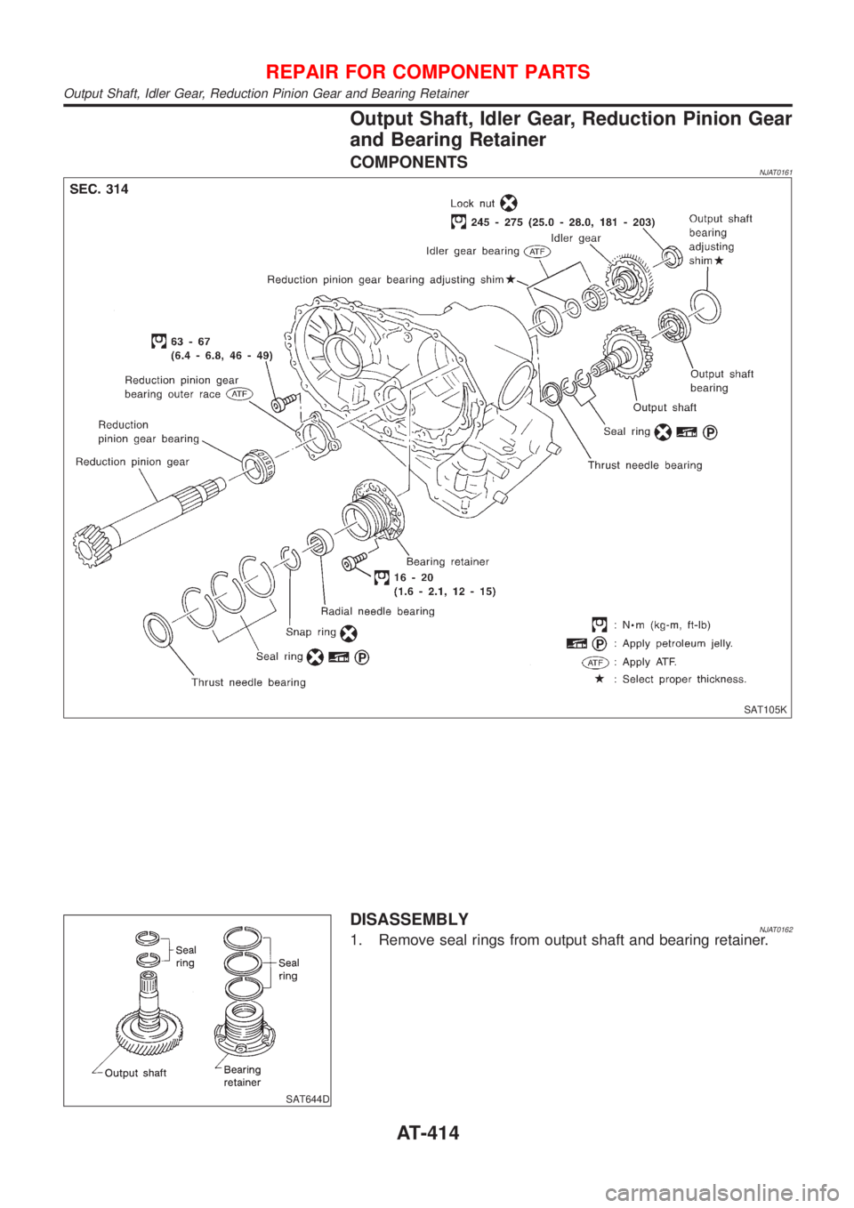 NISSAN ALMERA N16 2001  Electronic Repair Manual Output Shaft, Idler Gear, Reduction Pinion Gear
and Bearing Retainer
COMPONENTSNJAT0161
SAT105K
SAT644D
DISASSEMBLYNJAT01621. Remove seal rings from output shaft and bearing retainer.
REPAIR FOR COMPO