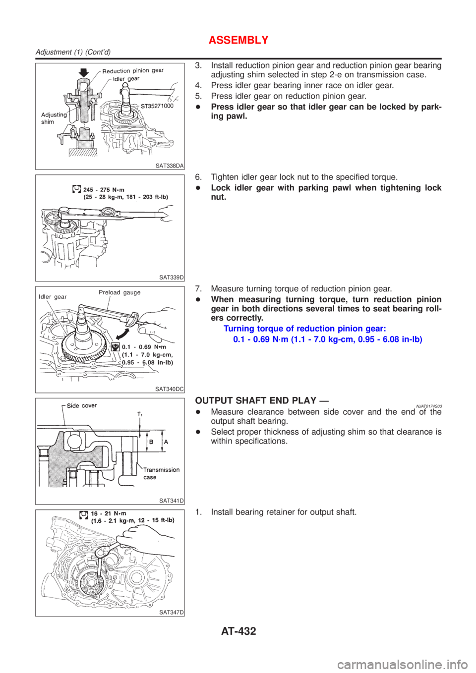 NISSAN ALMERA N16 2001  Electronic Repair Manual SAT338DA
3. Install reduction pinion gear and reduction pinion gear bearing
adjusting shim selected in step 2-e on transmission case.
4. Press idler gear bearing inner race on idler gear.
5. Press idl
