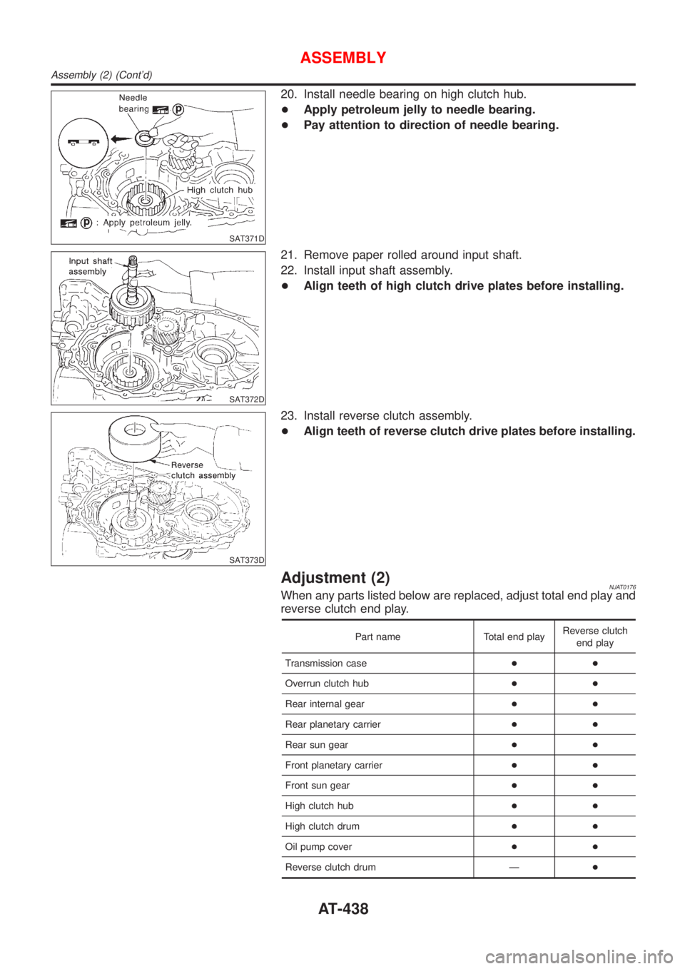 NISSAN ALMERA N16 2001  Electronic Repair Manual SAT371D
20. Install needle bearing on high clutch hub.
+Apply petroleum jelly to needle bearing.
+Pay attention to direction of needle bearing.
SAT372D
21. Remove paper rolled around input shaft.
22. 