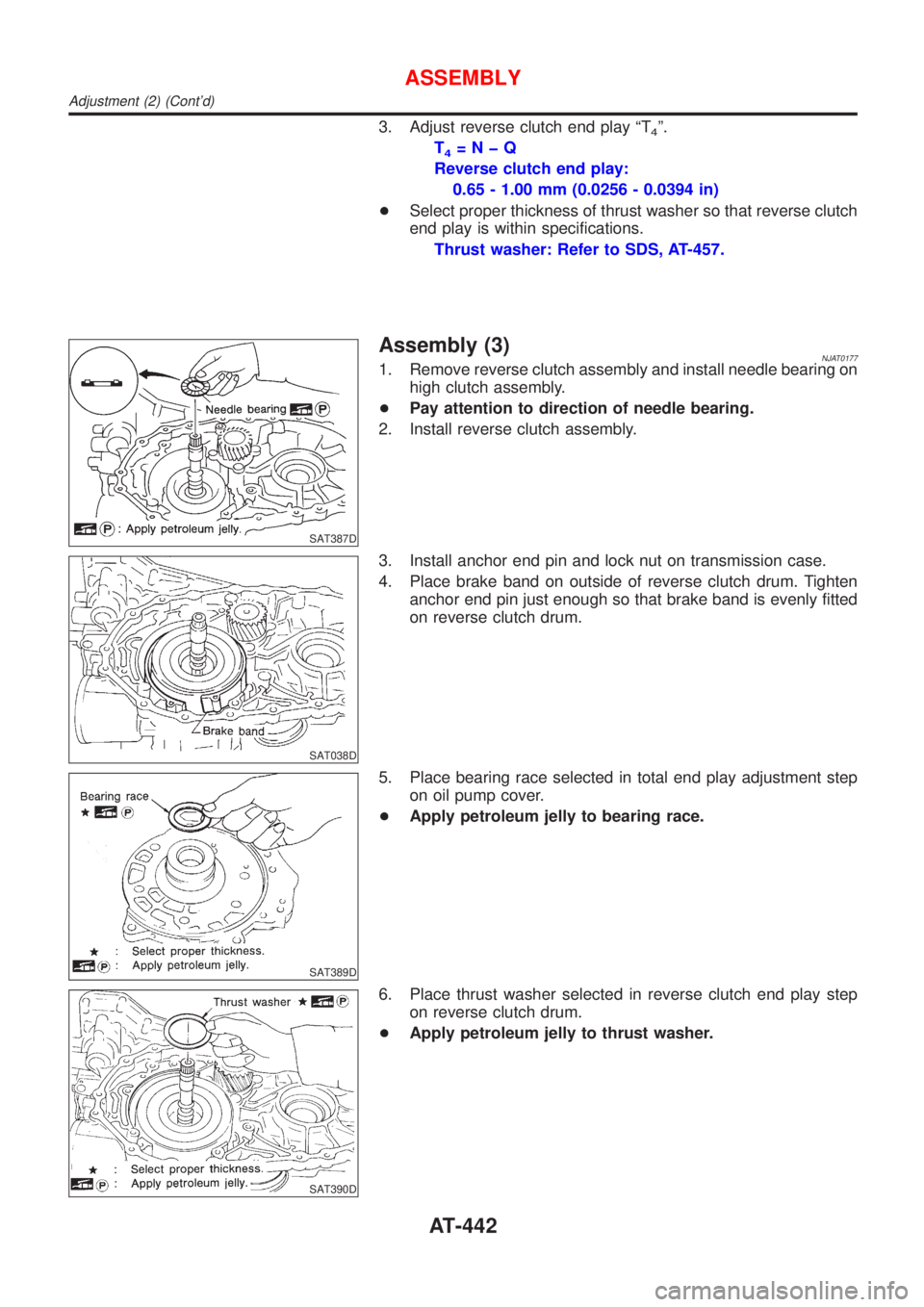 NISSAN ALMERA N16 2001  Electronic Repair Manual 3. Adjust reverse clutch end play ªT4º.
T
4=NþQ
Reverse clutch end play:
0.65 - 1.00 mm (0.0256 - 0.0394 in)
+Select proper thickness of thrust washer so that reverse clutch
end play is within spec