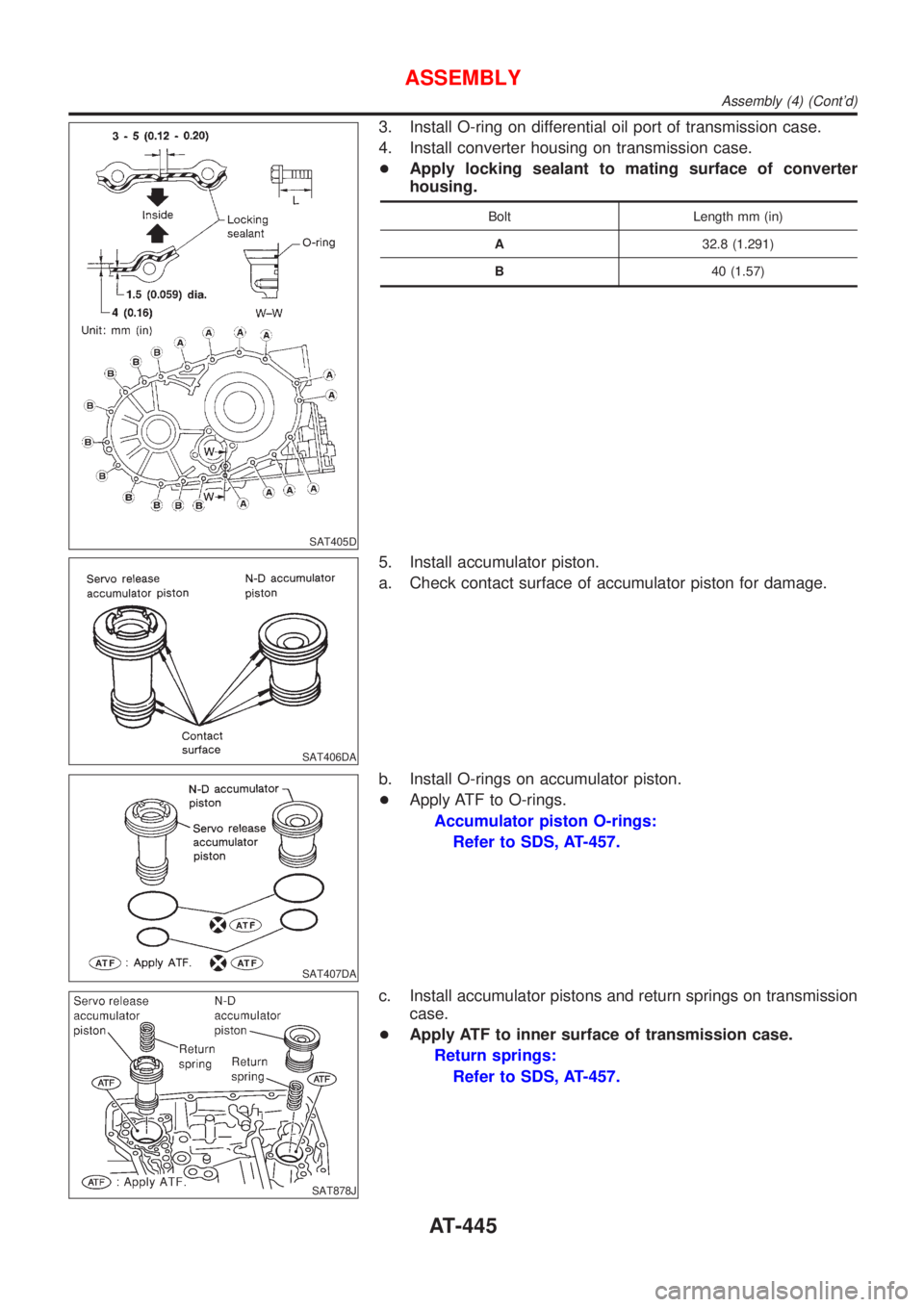 NISSAN ALMERA N16 2001  Electronic Repair Manual SAT405D
3. Install O-ring on differential oil port of transmission case.
4. Install converter housing on transmission case.
+Apply locking sealant to mating surface of converter
housing.
Bolt Length m